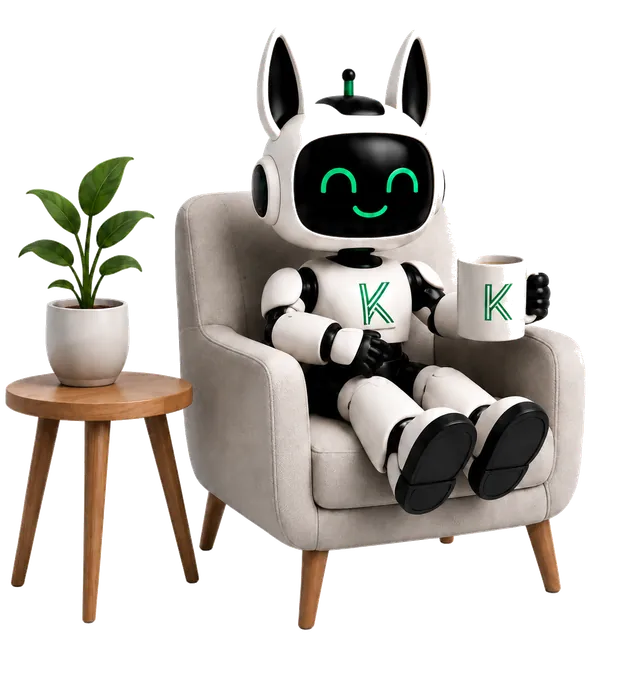 Kallpi tomando café en un sillón, junto a una planta